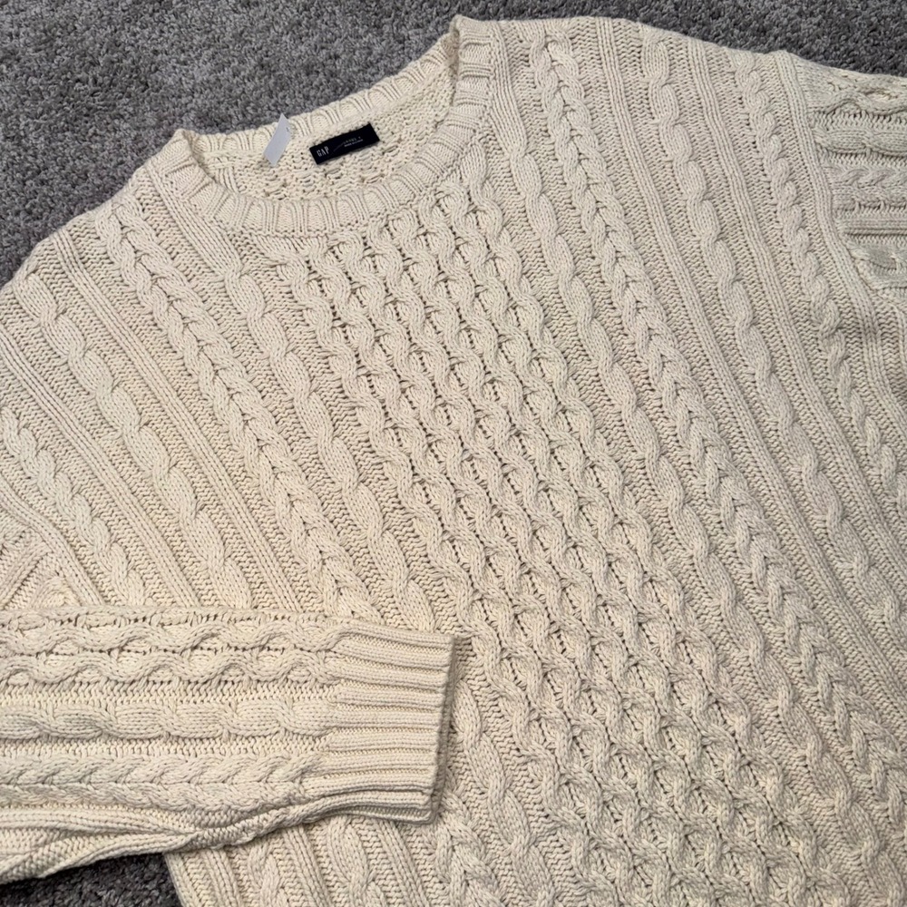 Gap Cable Knit Sweater Mens Tall Textured Crew Neck Cream Large Tall NEW